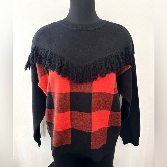 BAR III | Black Red Buffalo Plaid Fringe Sweater | Size Medium - Picture 2 of 7